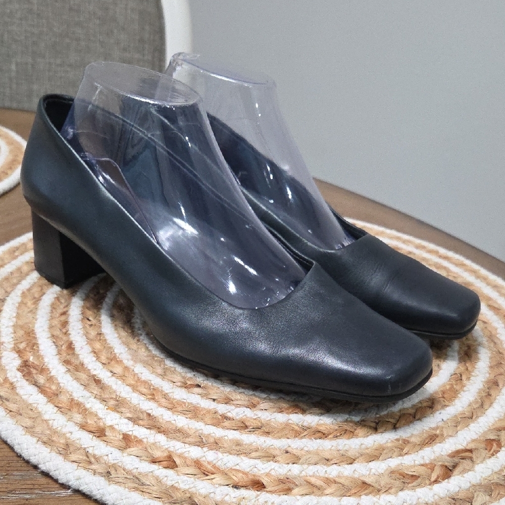 Whats What By Aerosoles Leather Navy Blue Block Heel Pump, Size 10